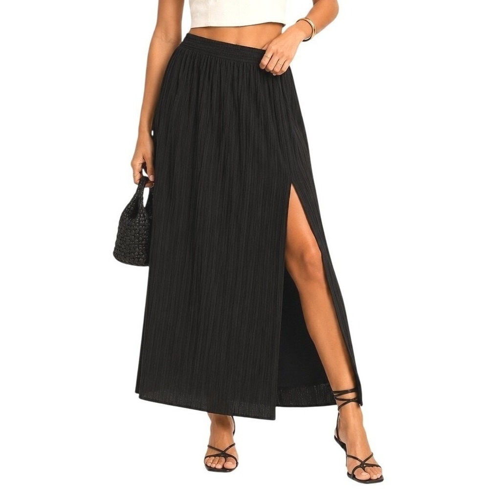 Lulus Midsummer Memories‎ Black Pleated Maxi Skirt Side Slit M NWT